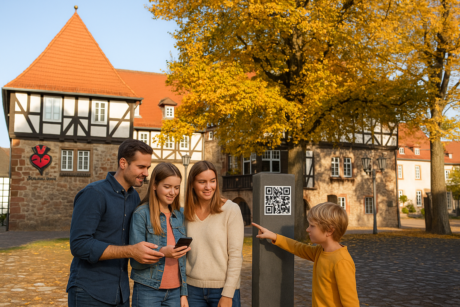 QR-Code an einem historischen Ort mit Darstellung auf einem Smartphone